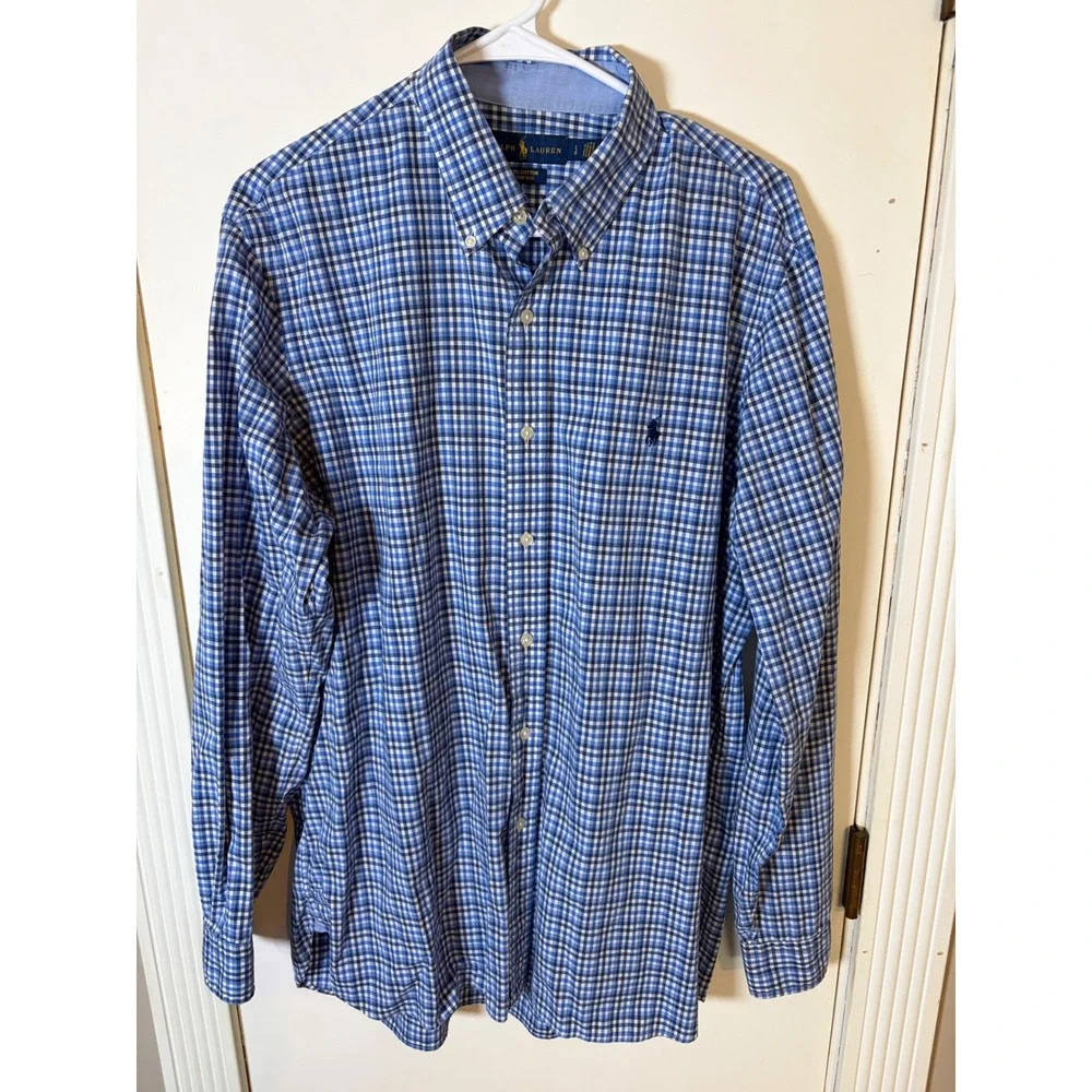 Polo Ralph Lauren Mens Blue Gingham Check Cotton Stretch Button Down Shirt L